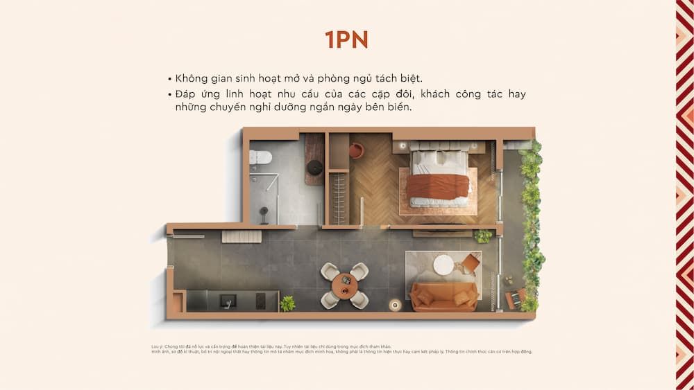 Layout căn hộ 1 phòng ngủ Q’Terra Quy Nhơn với không gian sinh hoạt mở và phòng ngủ tách biệt