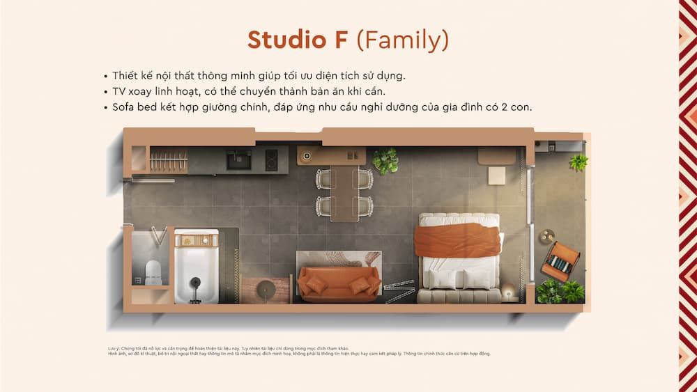 Layout căn hộ Studio F (Family) Q’Terra Quy Nhơn với giường đôi, sofa bed và bàn ăn