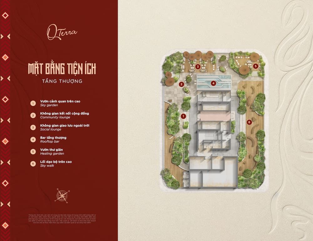 Mặt bằng tiện ích tầng thượng Q’Terra Quy Nhơn: sky garden, rooftop bar, vườn thư giãn, lối đi bộ trên cao