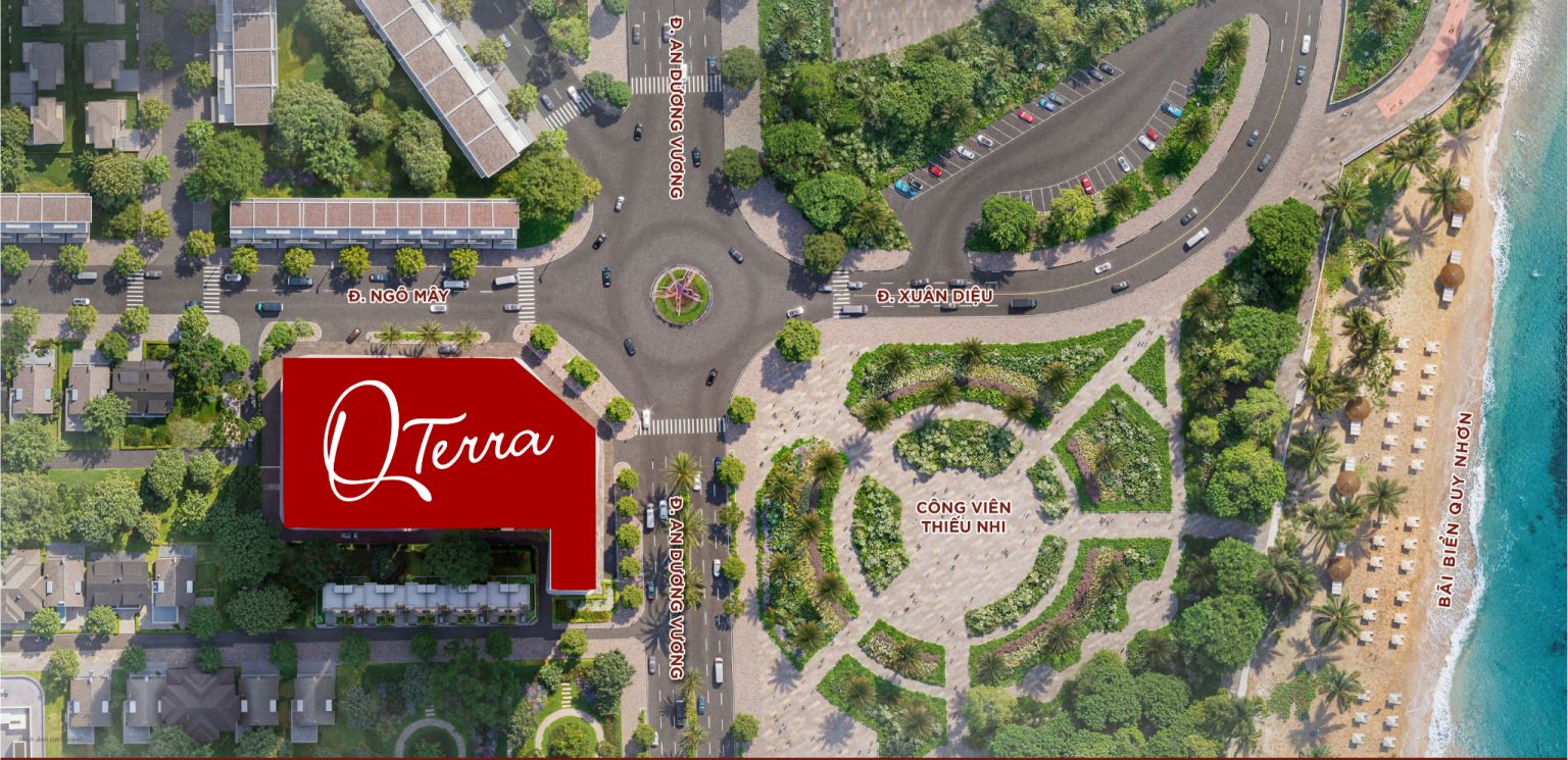 Vị trí Q’Terra Quy Nhơn tại số 1 Ngô Mây, giao lộ Ngô Mây, Xuân Diệu, An Dương Vương, Diên Hồng, đối diện Công viên Thiếu nhi và bãi biển Quy Nhơn
