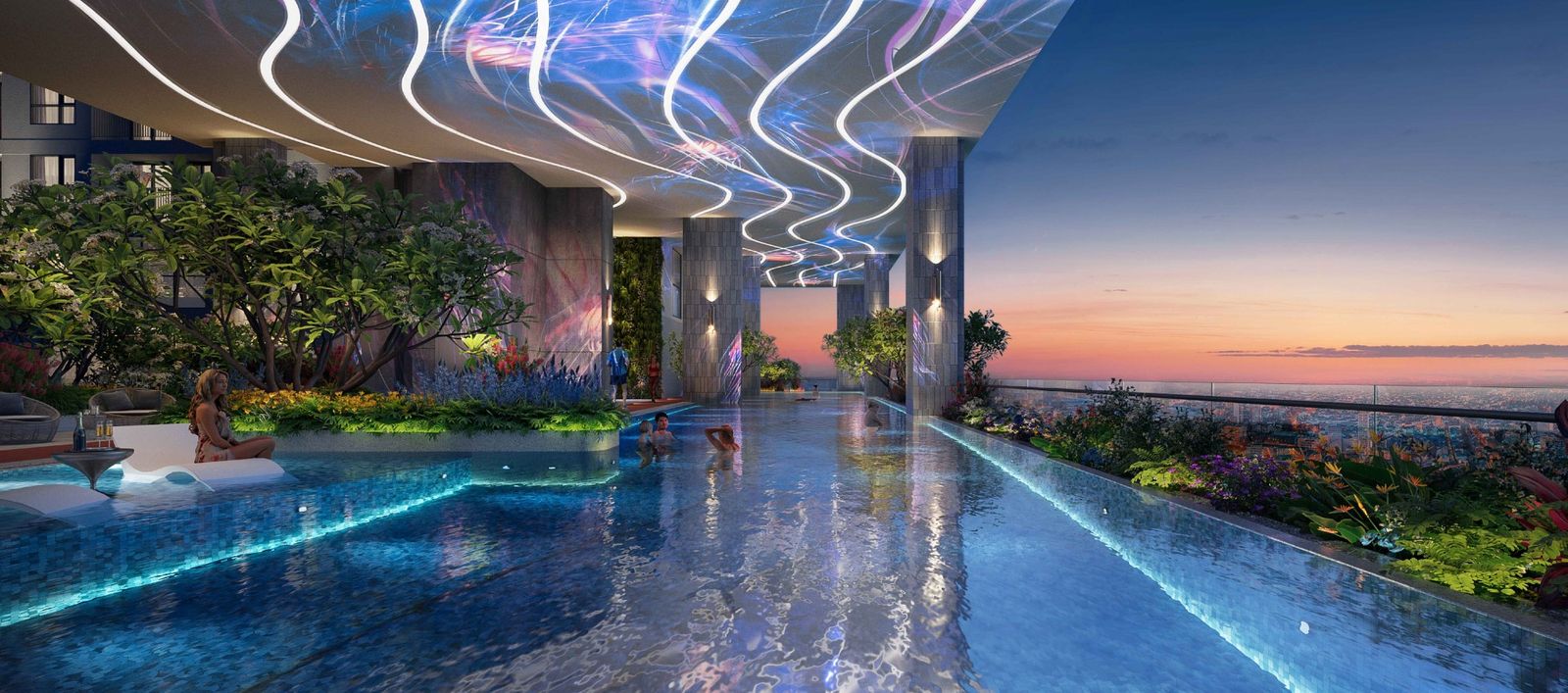 Art Pool bể bơi vô cực nghệ thuật ánh sáng Simona Heights Quy Nhơn về đêm