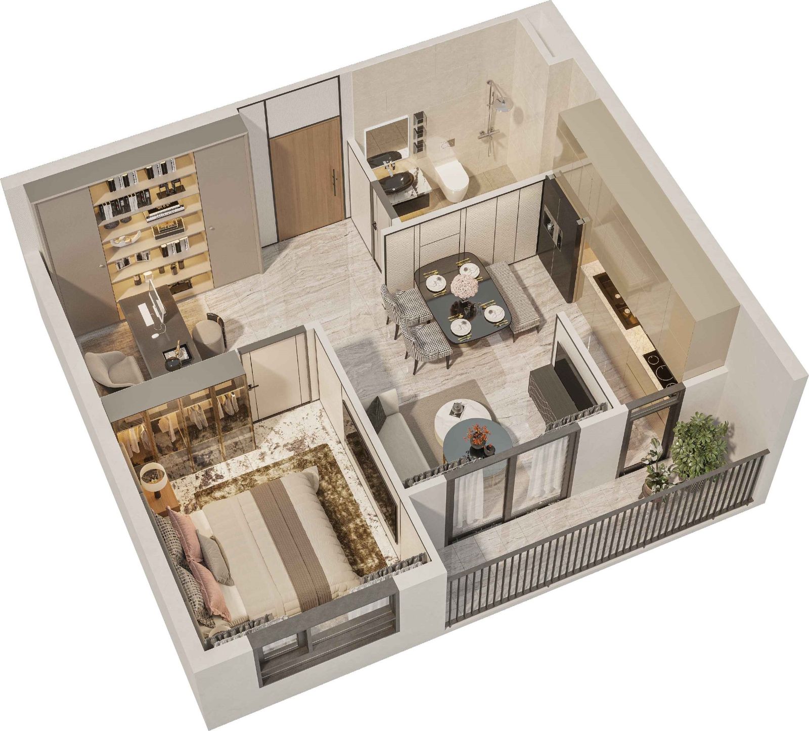 Mặt bằng 3D căn hộ First Heights 1 phòng ngủ + 1 Simona Heights Quy Nhơn diện tích khoảng 44 m²