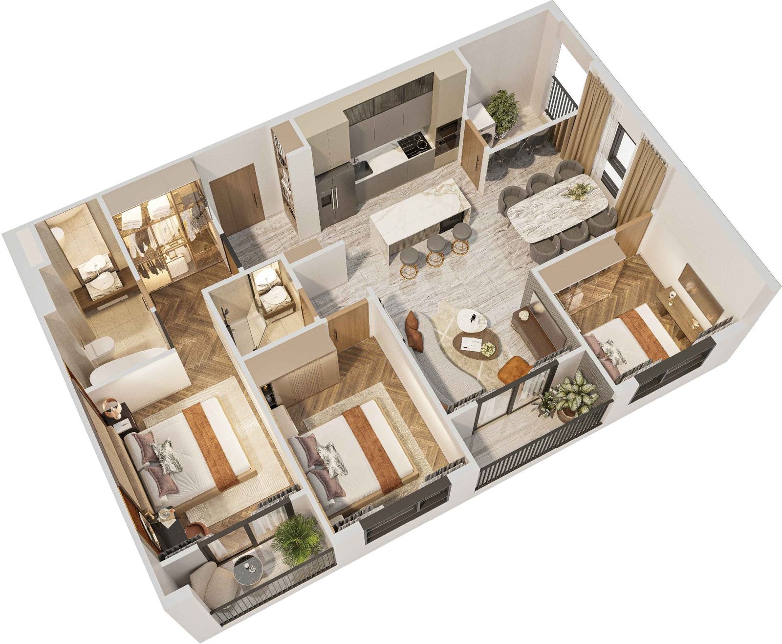 Mặt bằng 3D căn hộ Profit Heights 3 phòng ngủ Simona Heights Quy Nhơn diện tích khoảng 87,5 m²