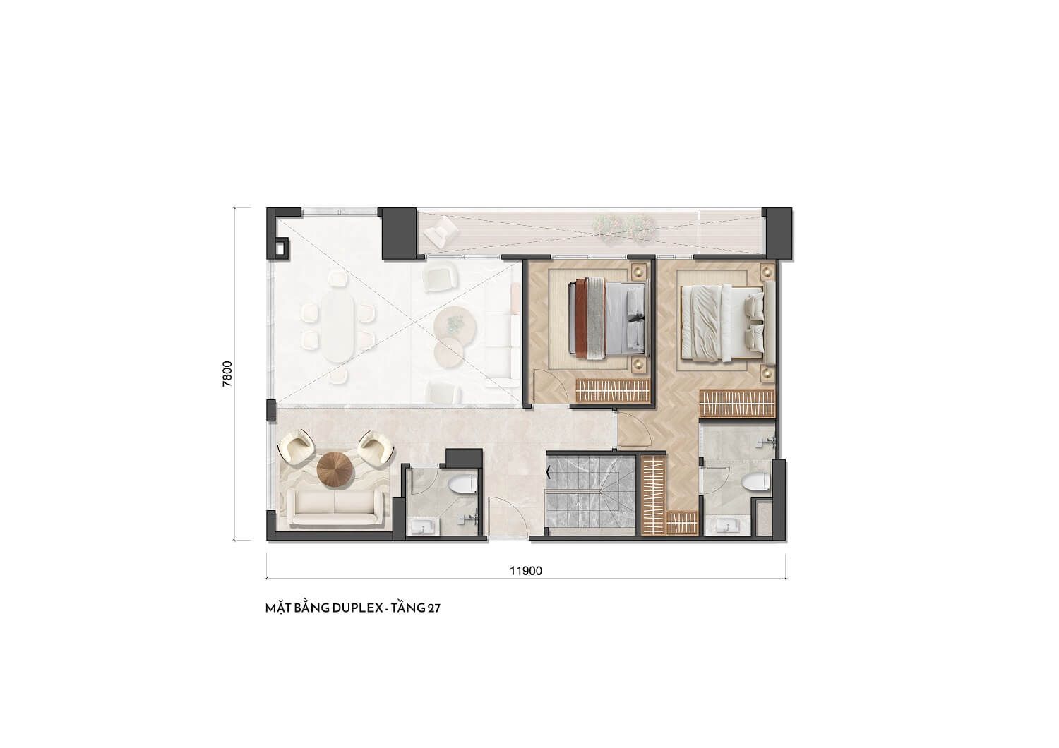Mặt bằng tầng trên căn Duplex Simona Heights Quy Nhơn tầng 27 với 2 phòng ngủ và phòng sinh hoạt chung