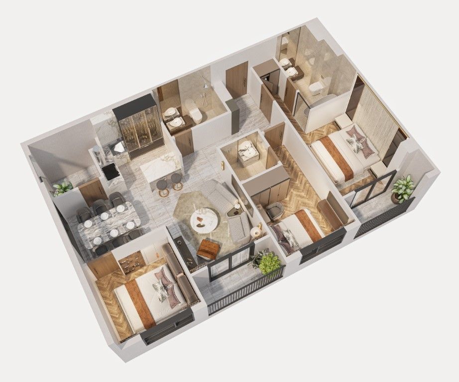Phối cảnh bóc mái căn H.03 Simona Heights Quy Nhơn tòa The Harbour loại 3 phòng ngủ diện tích 87,335 m²