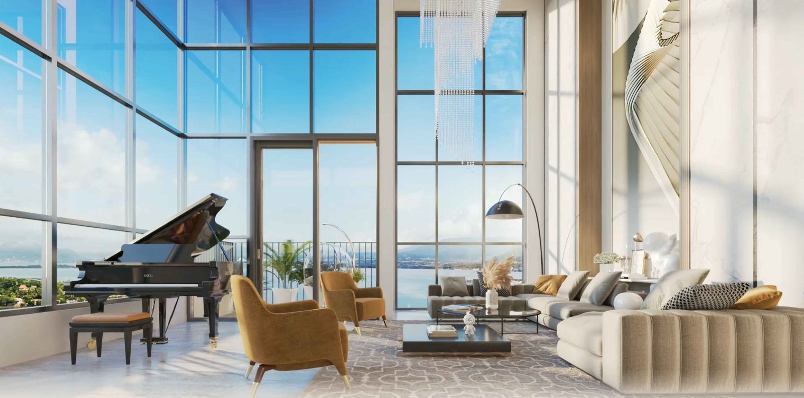 Phối cảnh phòng khách thông tầng căn hộ Pent Heights Simona Heights Quy Nhơn với vách kính nhìn ra biển