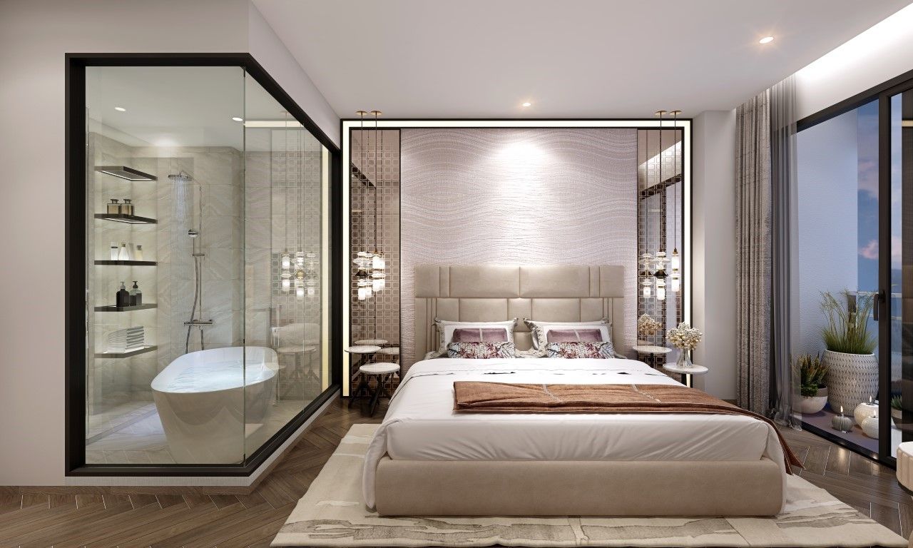 Phối cảnh phòng ngủ master căn hộ 3 phòng ngủ Simona Heights Quy Nhơn với phòng tắm vách kính