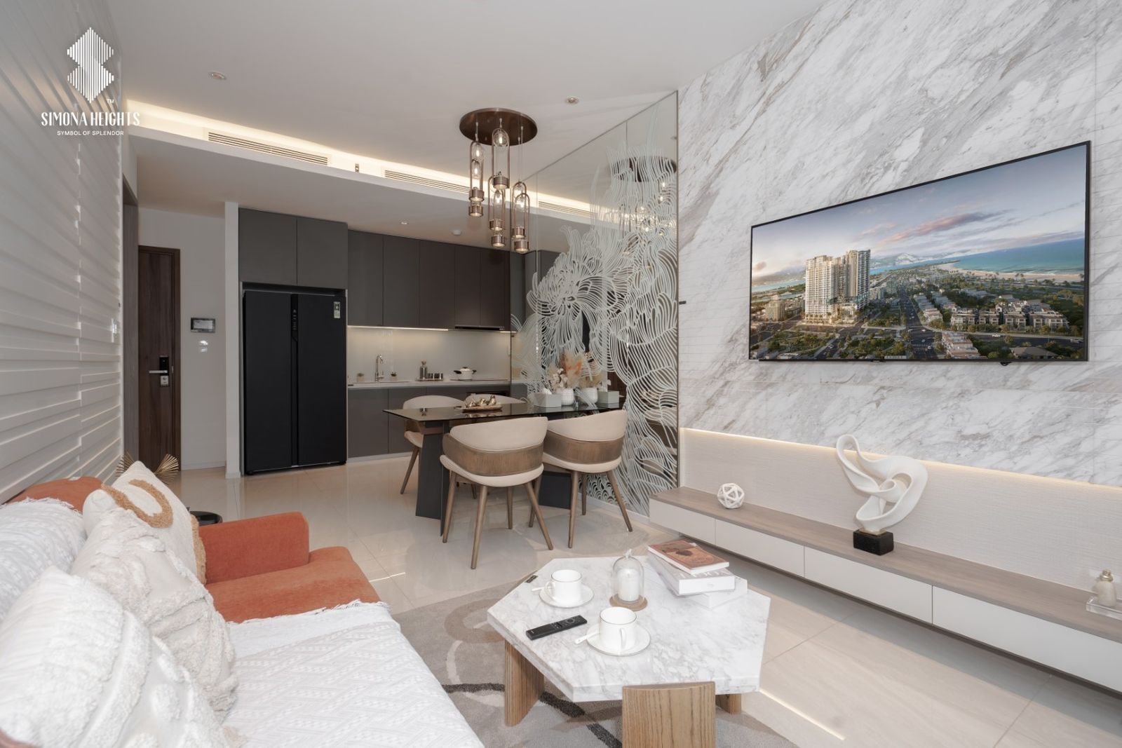 Phòng khách và bếp căn hộ mẫu 2 phòng ngủ Simona Heights Quy Nhơn
