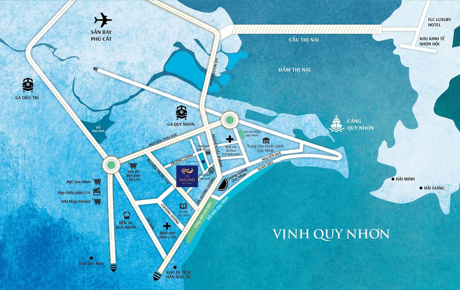 Bản đồ vị trí The Sailing Quy Nhơn kết nối sân bay Phù Cát, cầu Thị Nại, cảng Quy Nhơn và vịnh Quy Nhơn