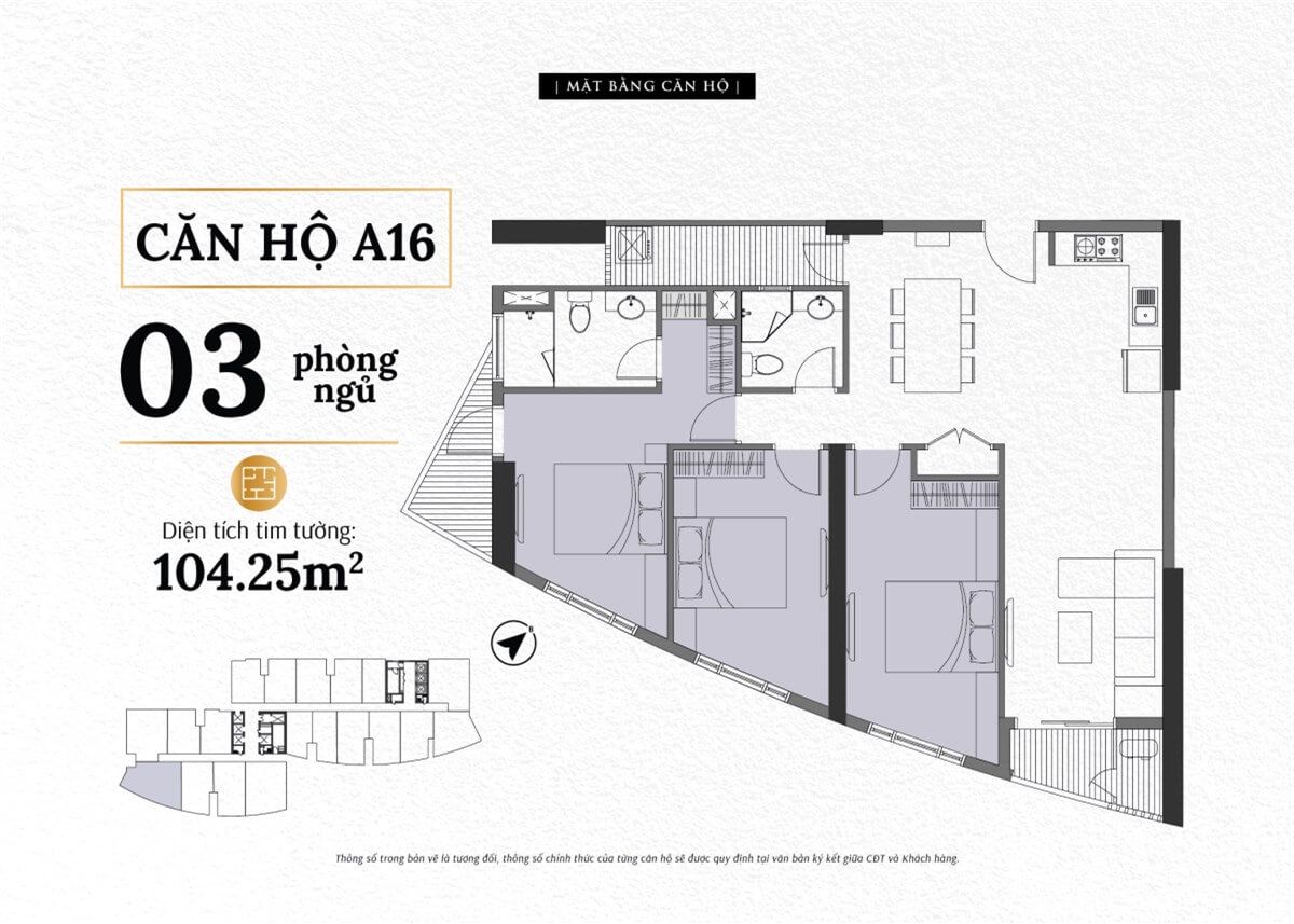 Mặt bằng căn A16 The Sailing Quy Nhơn loại 3 phòng ngủ diện tích thông thủy 96,4 m²