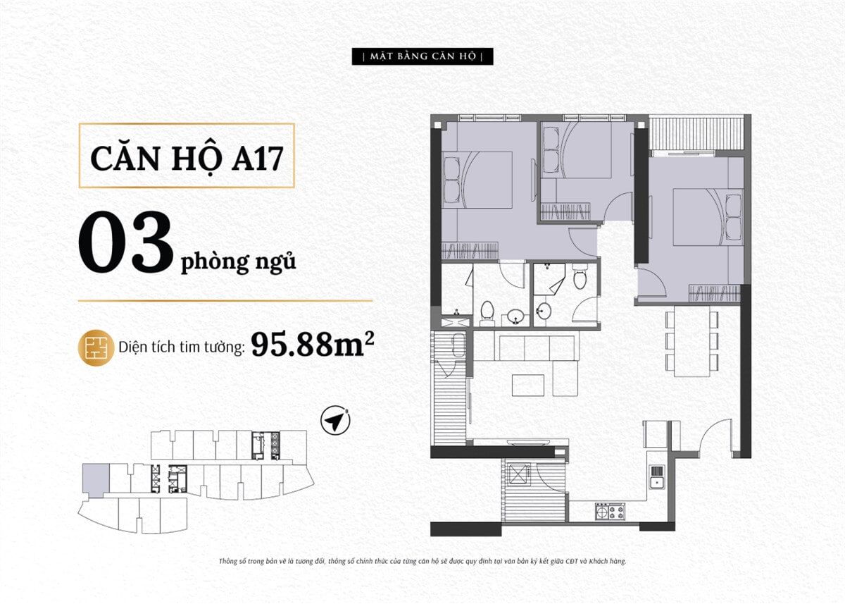 Mặt bằng căn A17 The Sailing Quy Nhơn loại 3 phòng ngủ diện tích thông thủy 87,0 m²