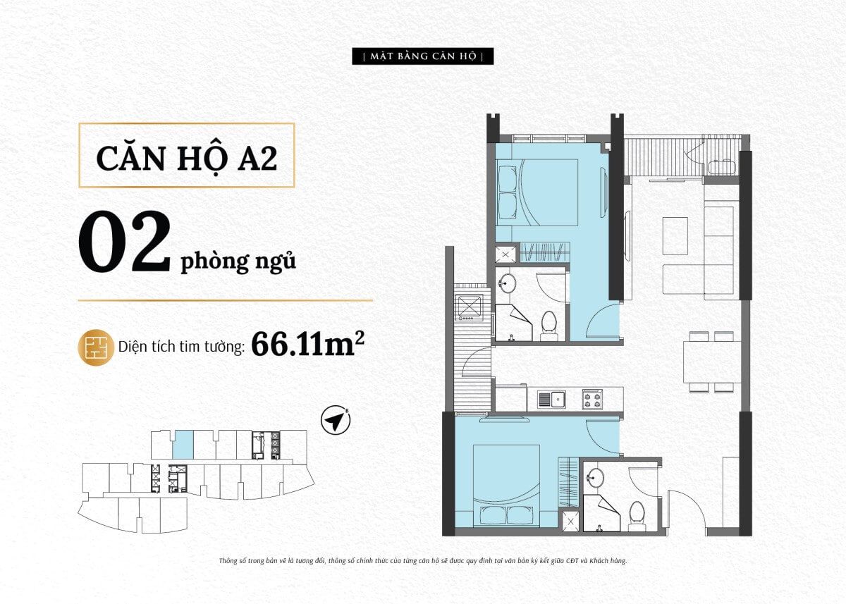 Mặt bằng căn A2 The Sailing Quy Nhơn loại 2 phòng ngủ diện tích thông thủy 59,5 m²
