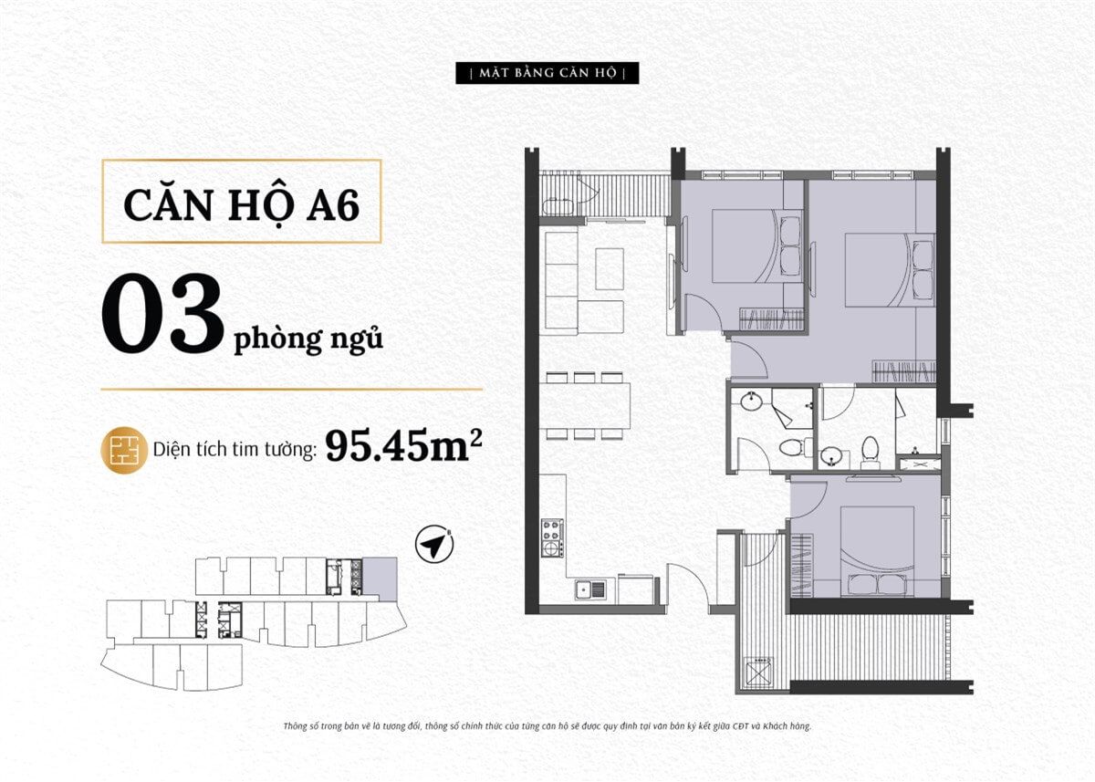 Mặt bằng căn A6 The Sailing Quy Nhơn loại 3 phòng ngủ diện tích thông thủy 88,0 m²