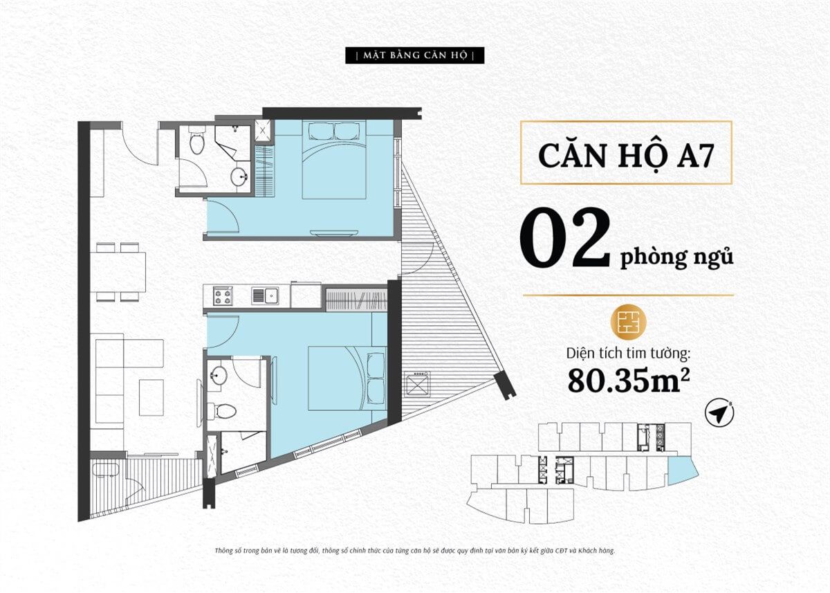 Mặt bằng căn A7 The Sailing Quy Nhơn loại 2 phòng ngủ diện tích thông thủy 74,5 m²