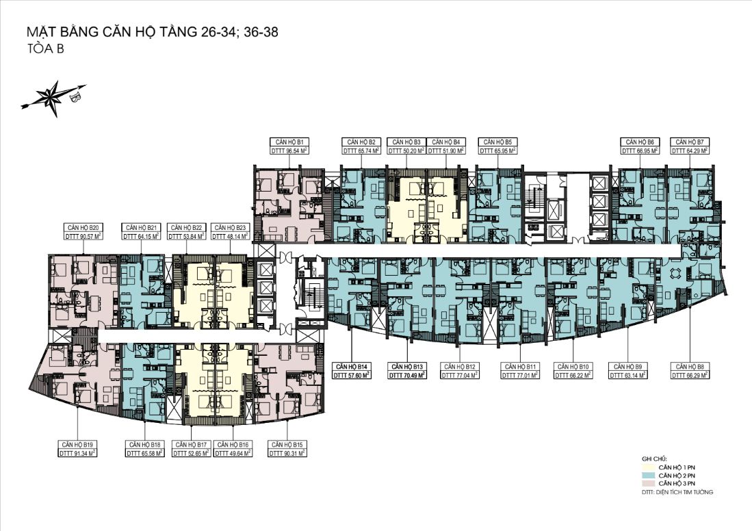 Mặt bằng tầng 26 – 34 và 36 – 38 tháp B The Sailing Quy Nhơn