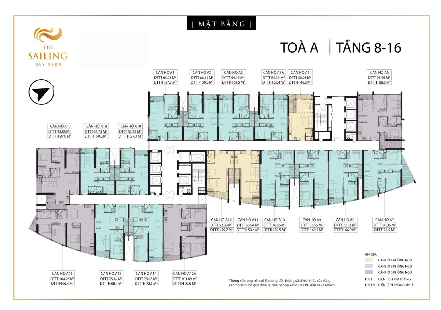 Mặt bằng tầng 8 – 16 tháp A The Sailing Quy Nhơn gồm 19 căn hộ mỗi sàn