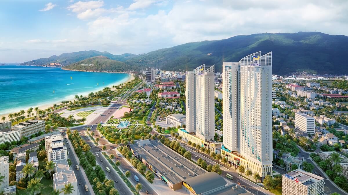 Phối cảnh hai tòa tháp The Sailing Quy Nhơn nhìn từ đường Lê Duẩn hướng ra biển